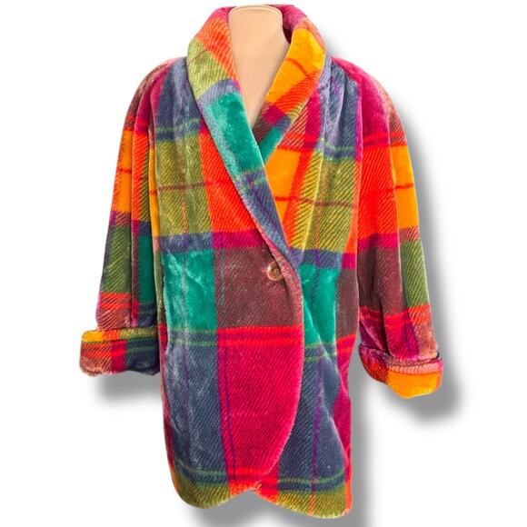 Vintage Donnybrook Rainbow Plaid Faux Fur Coat Colorful Oversized Jacket Large - Picture 14 of 14